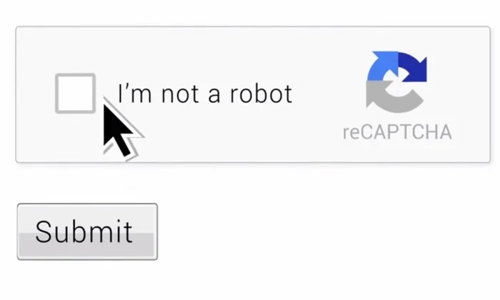 A captcha box reading “I’m not a robot”, with a Submit button.