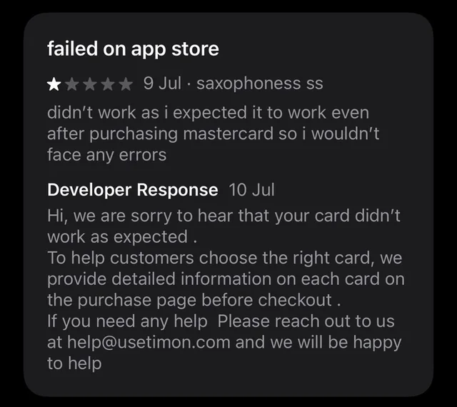 One-star review: the card didn’t work on the App Store even after buying a Mastercard. Timon’s reply points to the card details on the purchase page.
