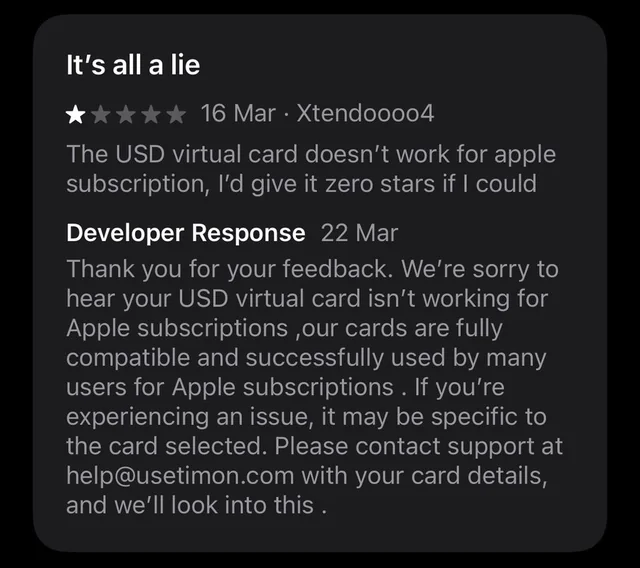 One-star review: the USD virtual card doesn’t work for Apple subscriptions. Timon’s reply says the issue may be specific to the card selected.