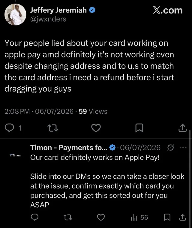 Post on X: the card doesn’t work on Apple Pay, even after changing the address to the US. Timon asks which card was purchased.