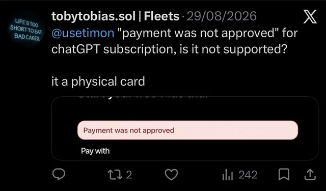 Post on X: “payment was not approved” for a ChatGPT subscription on a physical card.
